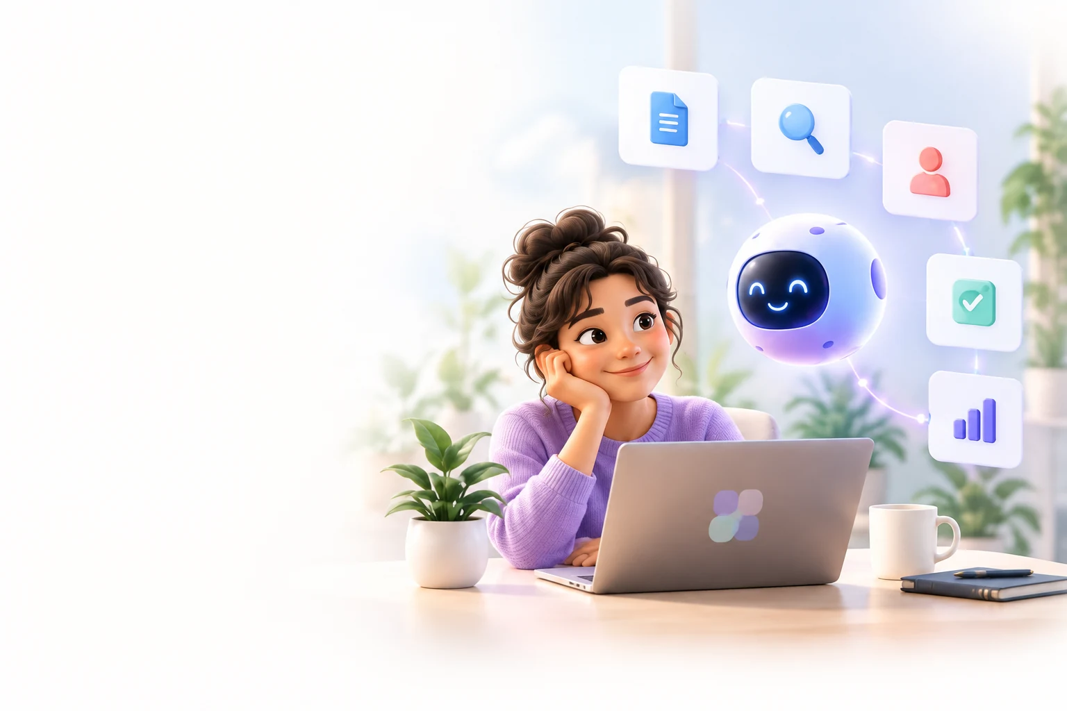 A student building a personal workspace alongside a friendly AI agent.