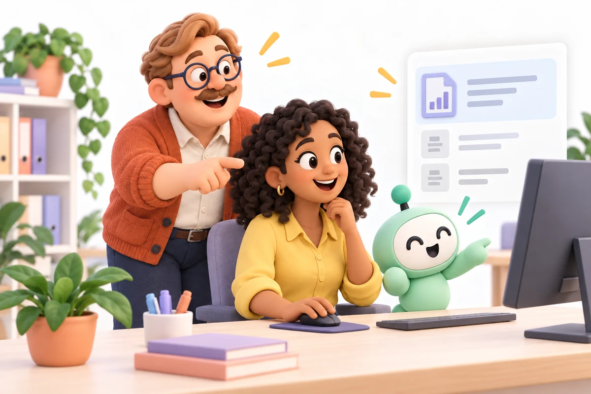 Dave teaches new employee Sarah, dark curly hair and yellow blouse, to find a report with helper.