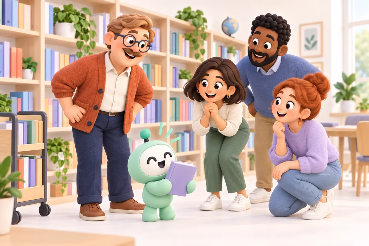 Colleagues ask the mint helper beside a clear organized library.