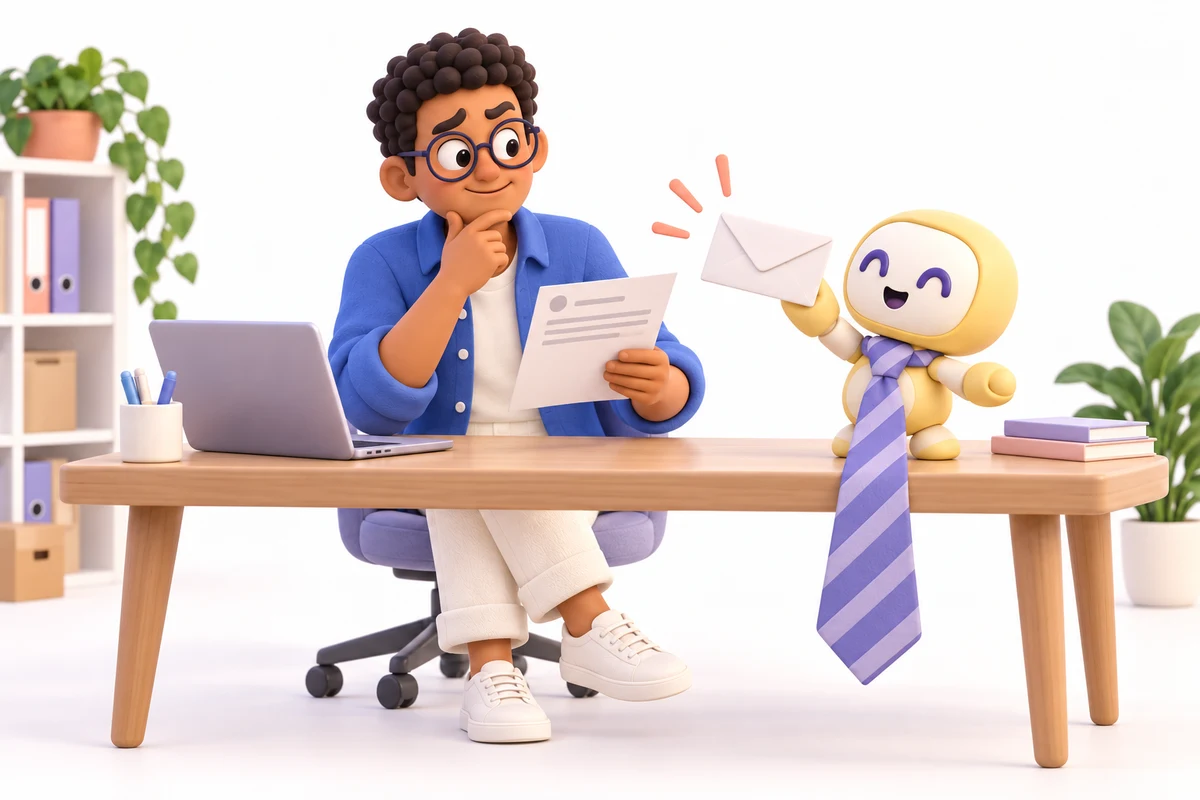 Ben reviews a draft from a yellow helper wearing an oversized tie