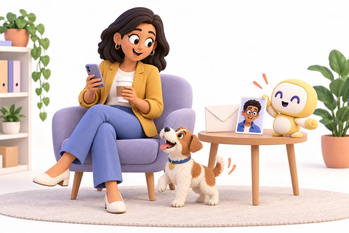 Sarah is distracted from her phone by a friendly dog while getting coffee