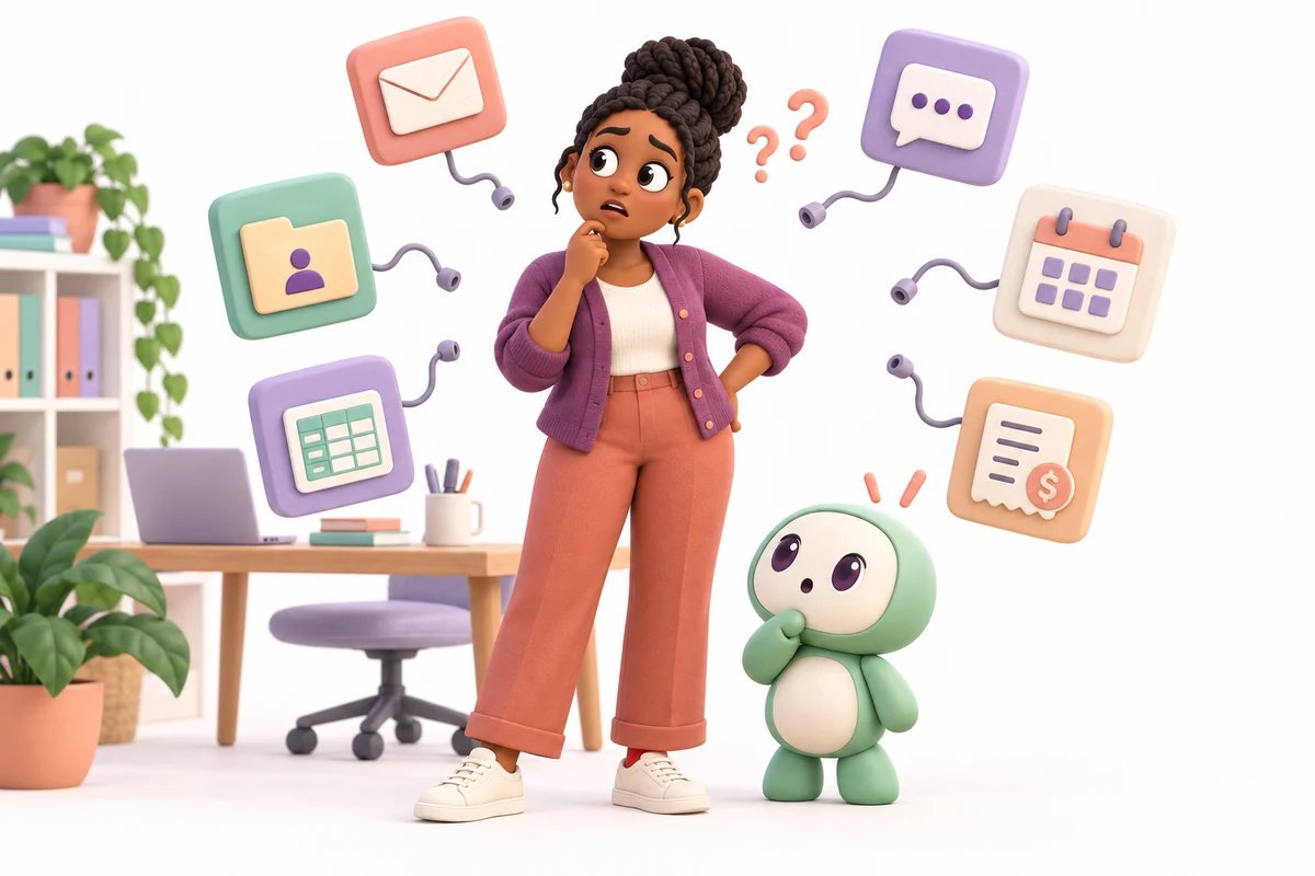 Lisa surrounded by disconnected business tools