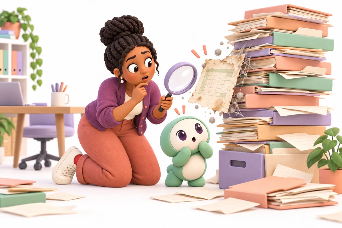Lisa and her mint helper search a pile of folders for a dusty spreadsheet