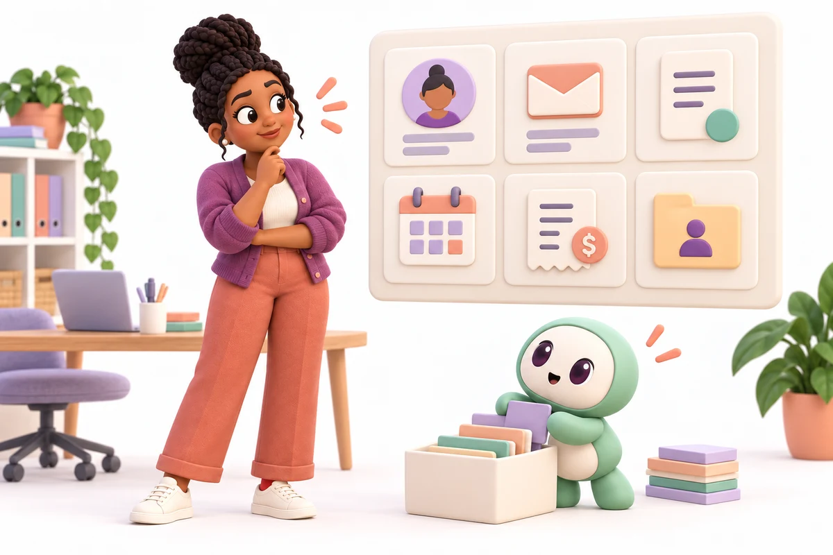Lisa reviews a tidy customer view with email, tasks, calendar and file icons