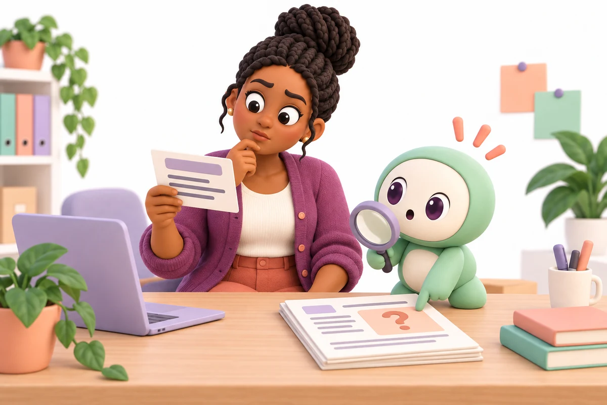 Lisa checks an AI answer against source cards, including one marked as missing