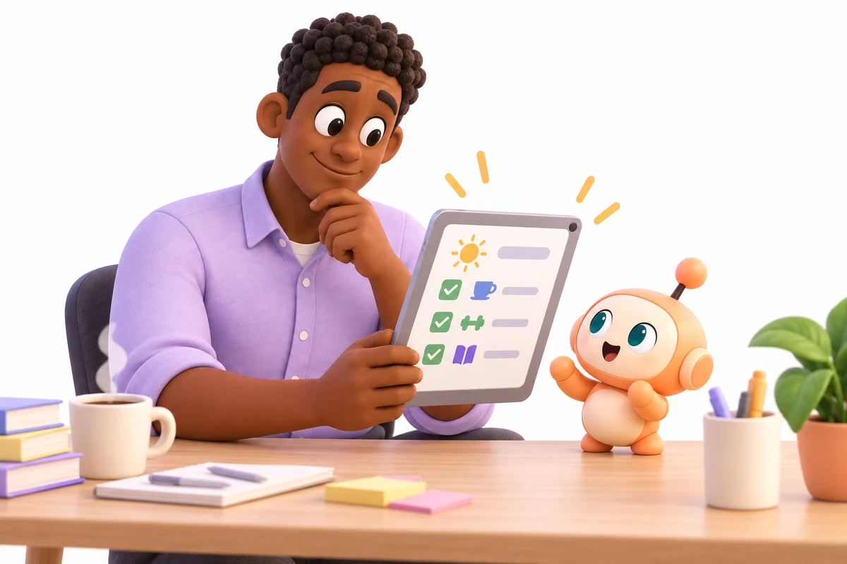 Mark calmly reads one short visual morning checklist on a tablet.