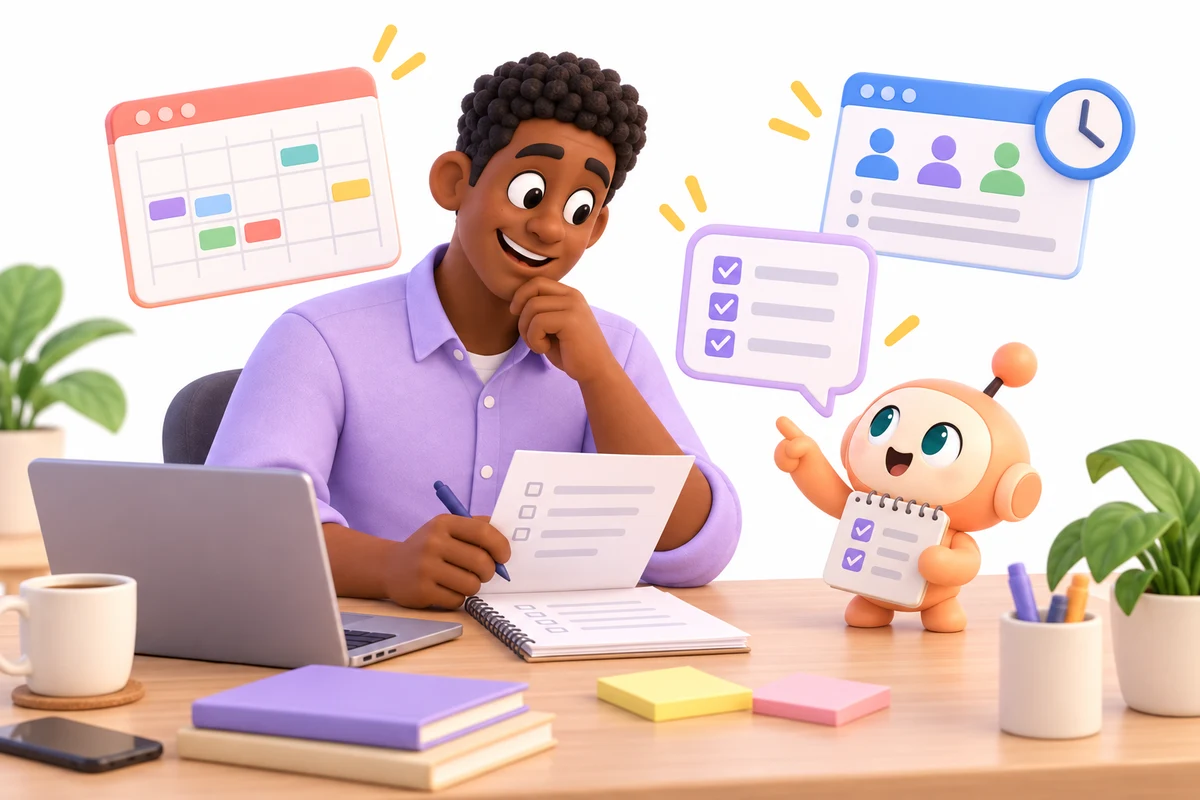 Mark reviews calendar and meeting notes before a friendly meeting.