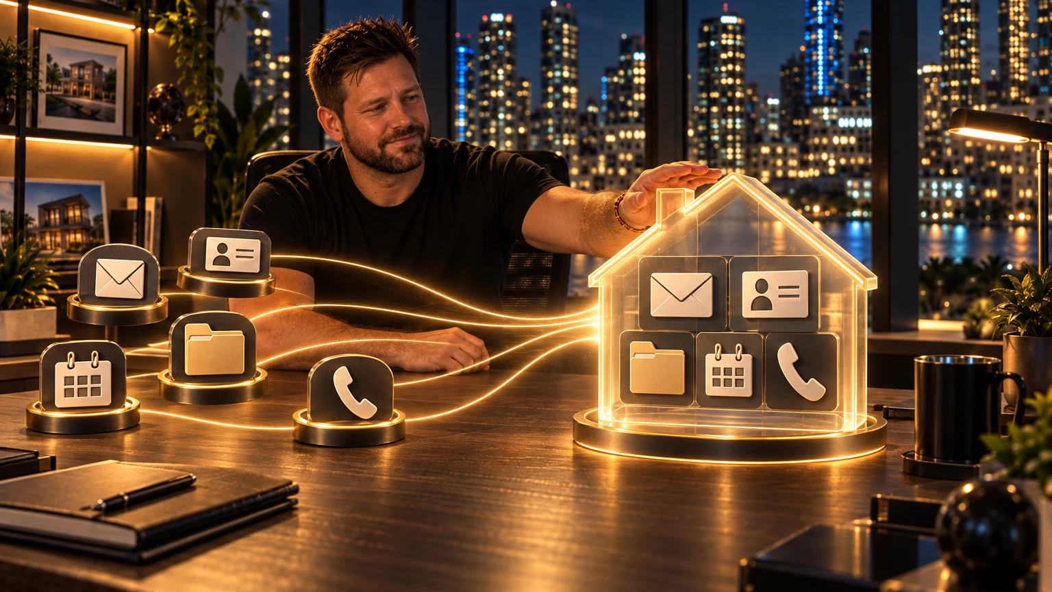 Scattered app icons connecting into a central home-shaped workspace