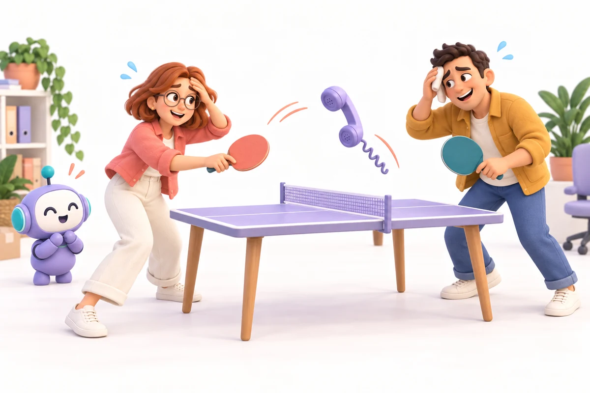 Sarah and a customer play telephone ping-pong.