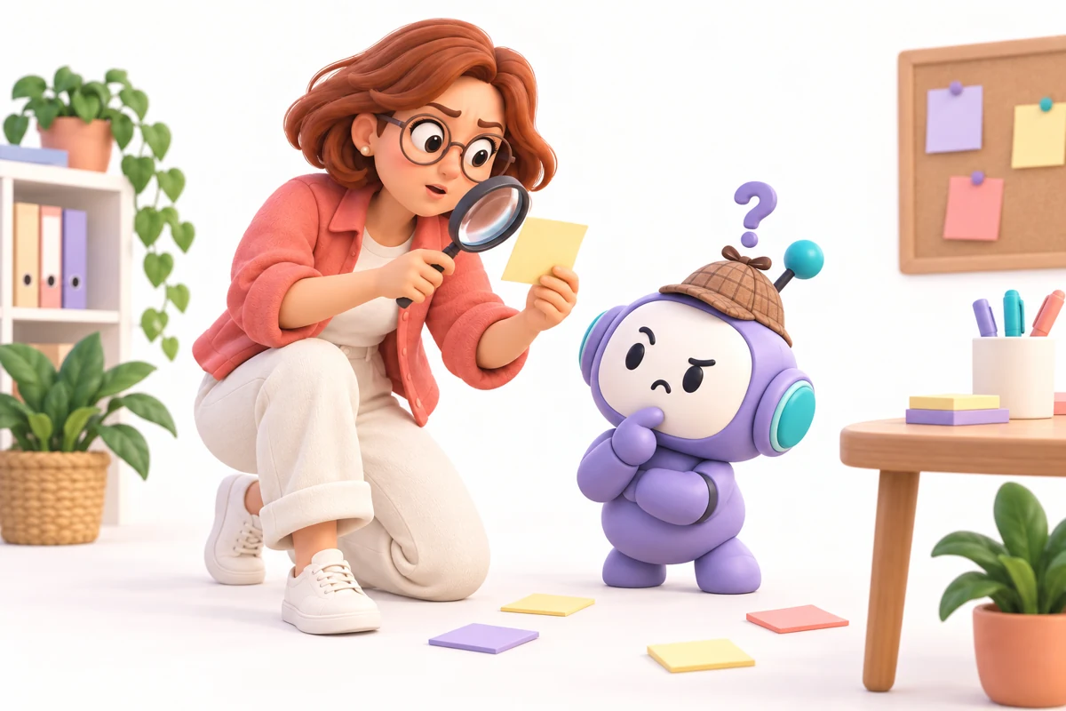 Sarah and a detective-hat helper inspect a mysterious sticky note.